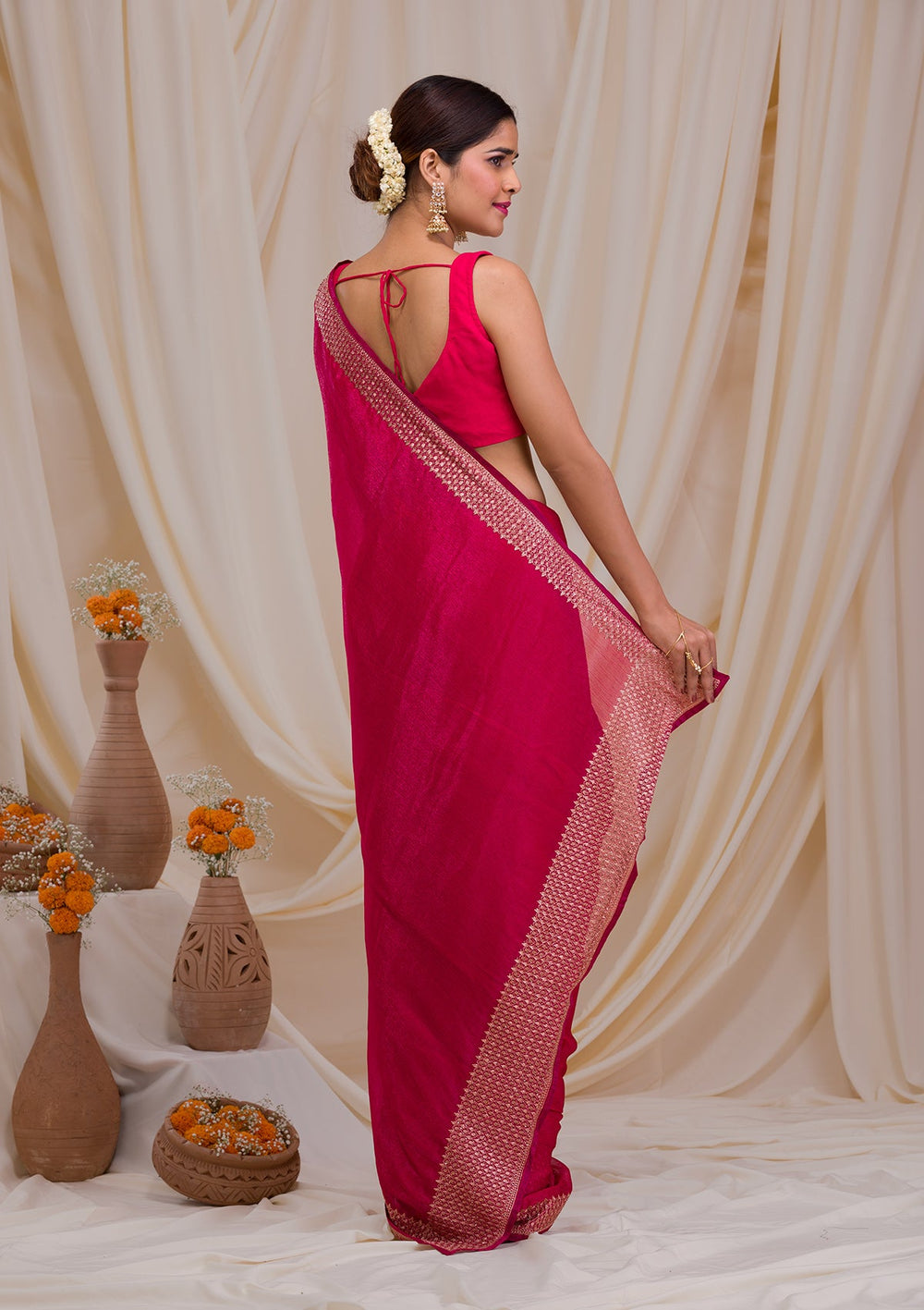 Rani Pink Zardosi Semi Crepe Saree-Koskii