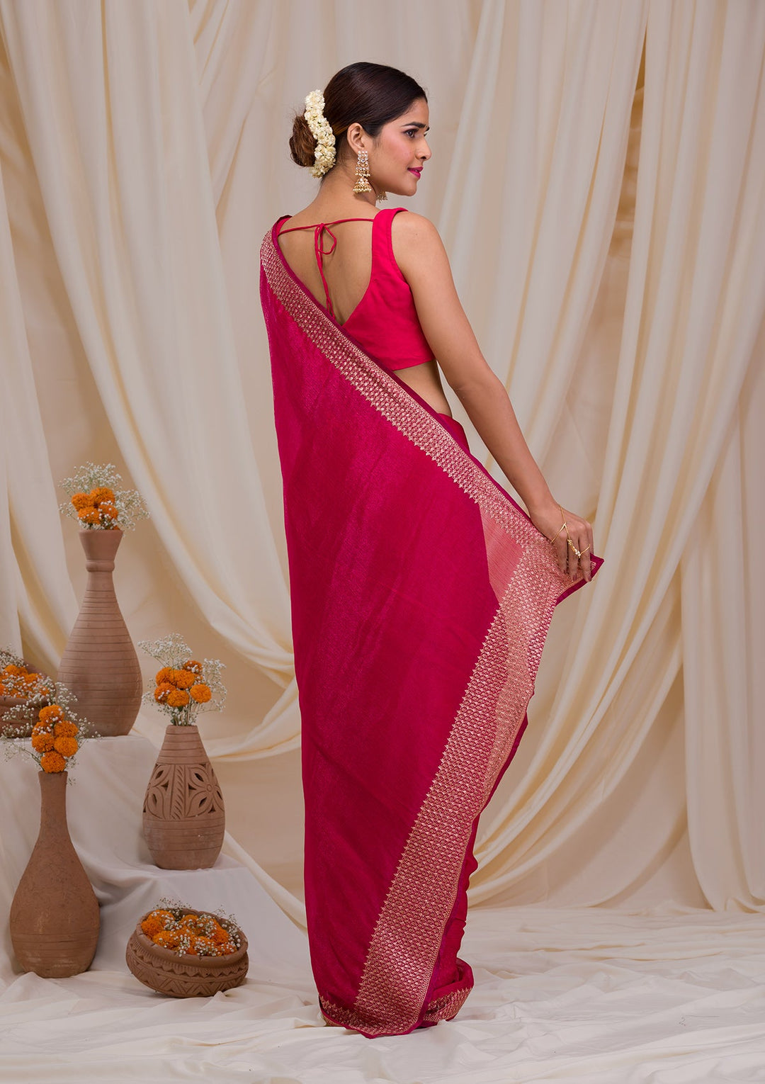 Rani Pink Zardosi Semi Crepe Saree-Koskii