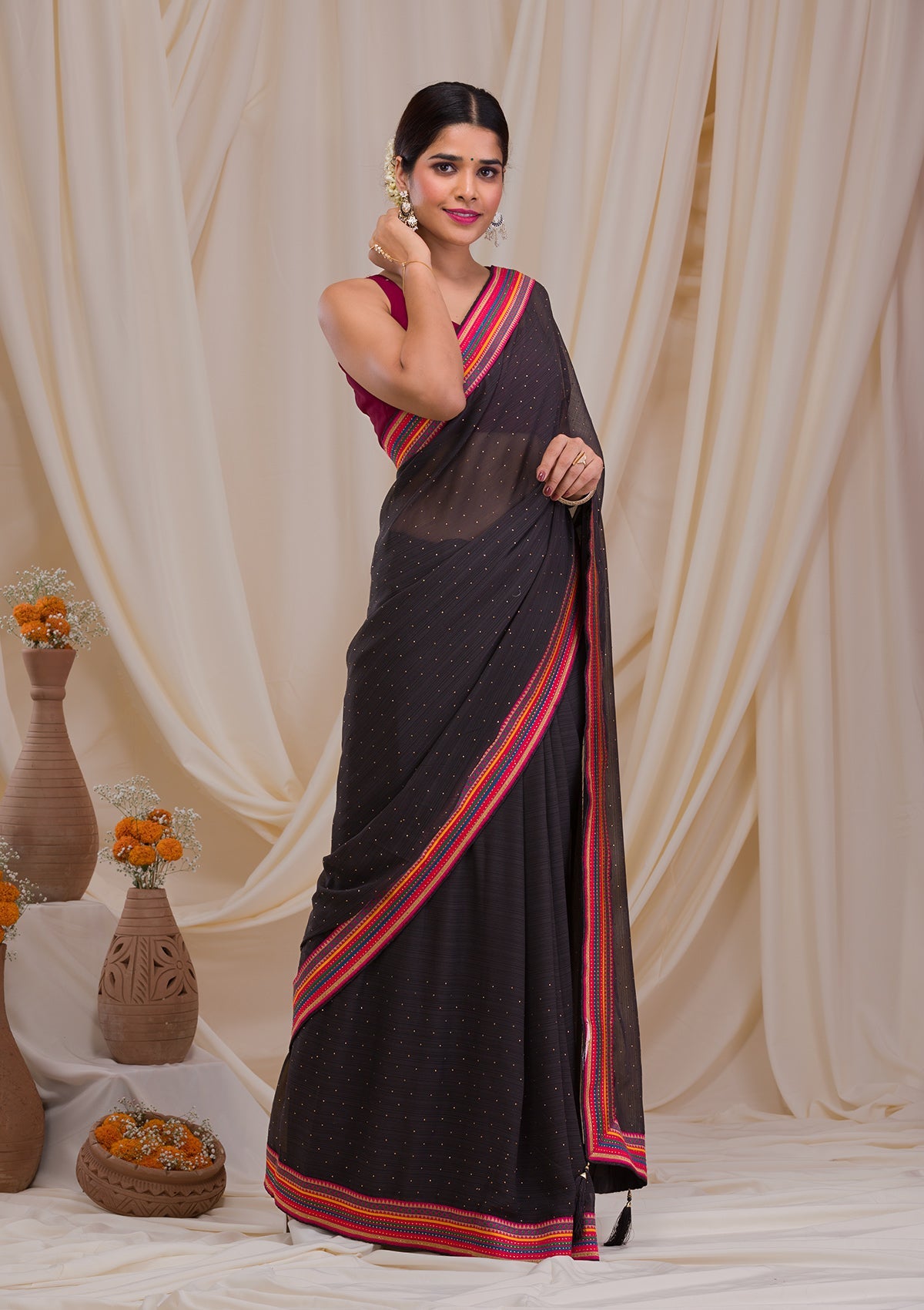 Black Threadwork Georgette Saree-Koskii