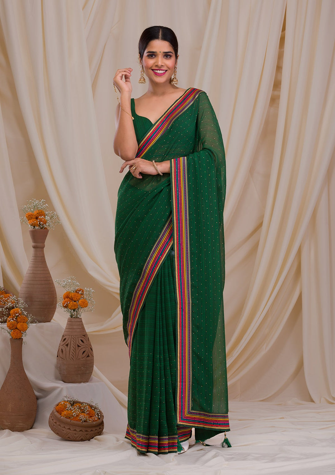 Bottle Green Threadwork Georgette Saree-Koskii