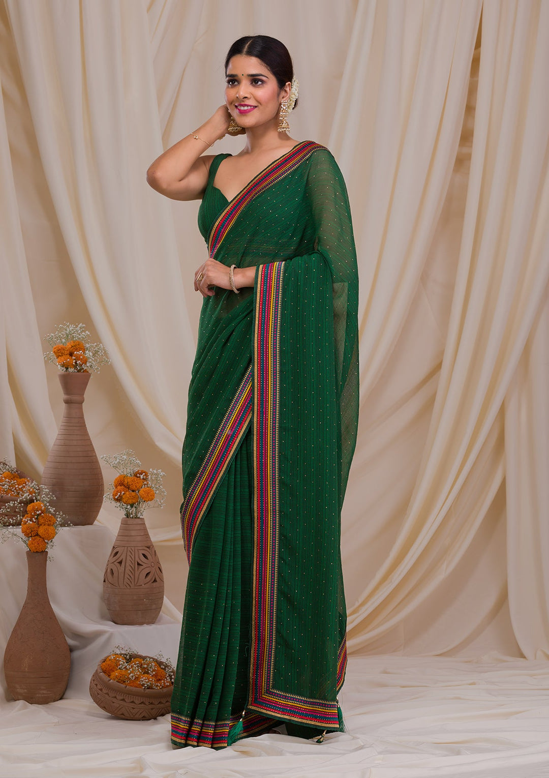 Bottle Green Threadwork Georgette Saree-Koskii