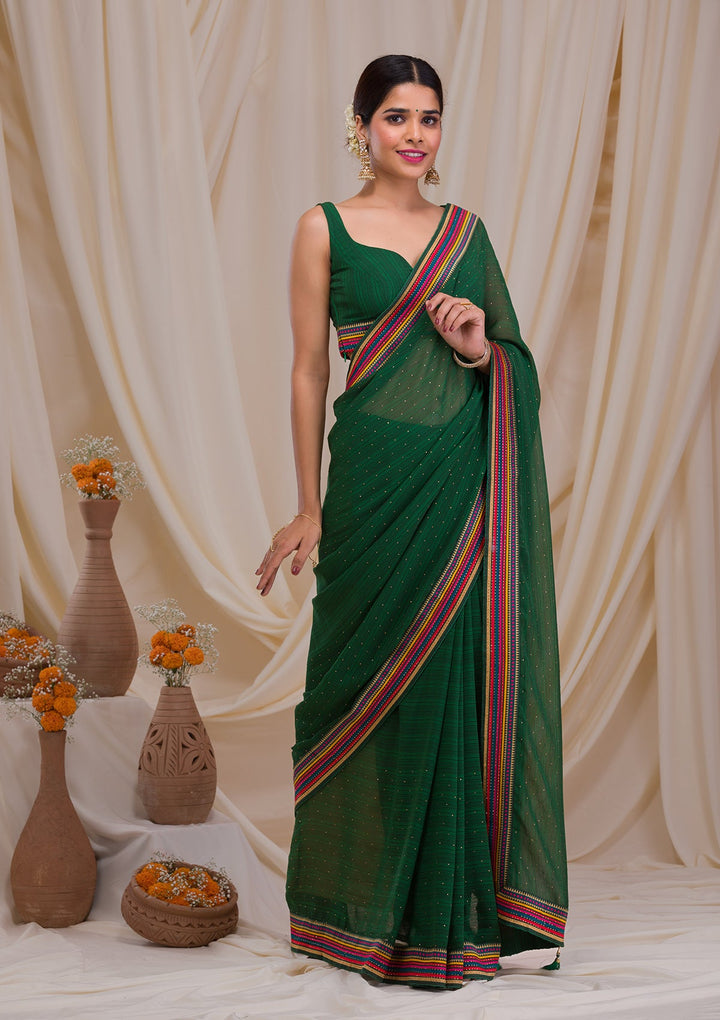 Bottle Green Threadwork Georgette Saree-Koskii