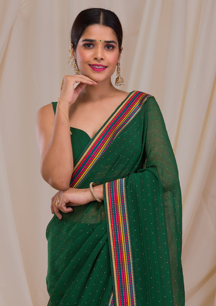 Bottle Green Threadwork Georgette Saree-Koskii