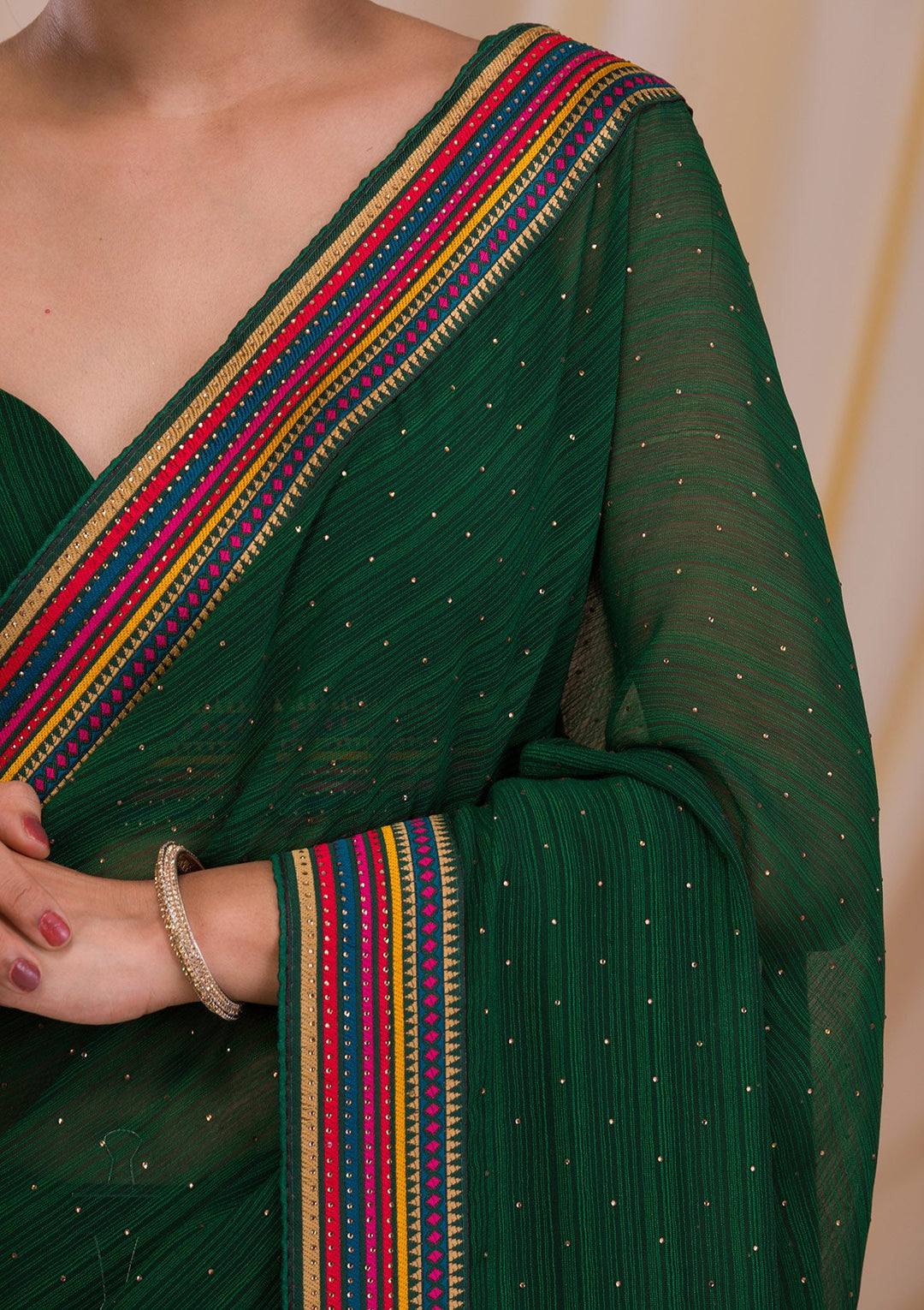 Bottle Green Threadwork Georgette Saree-Koskii