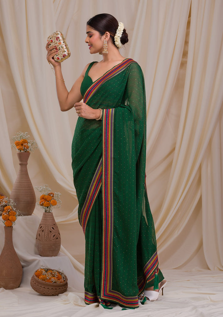 Bottle Green Threadwork Georgette Saree-Koskii