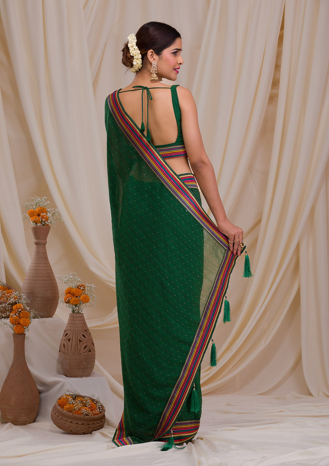 Bottle Green Threadwork Georgette Saree-Koskii