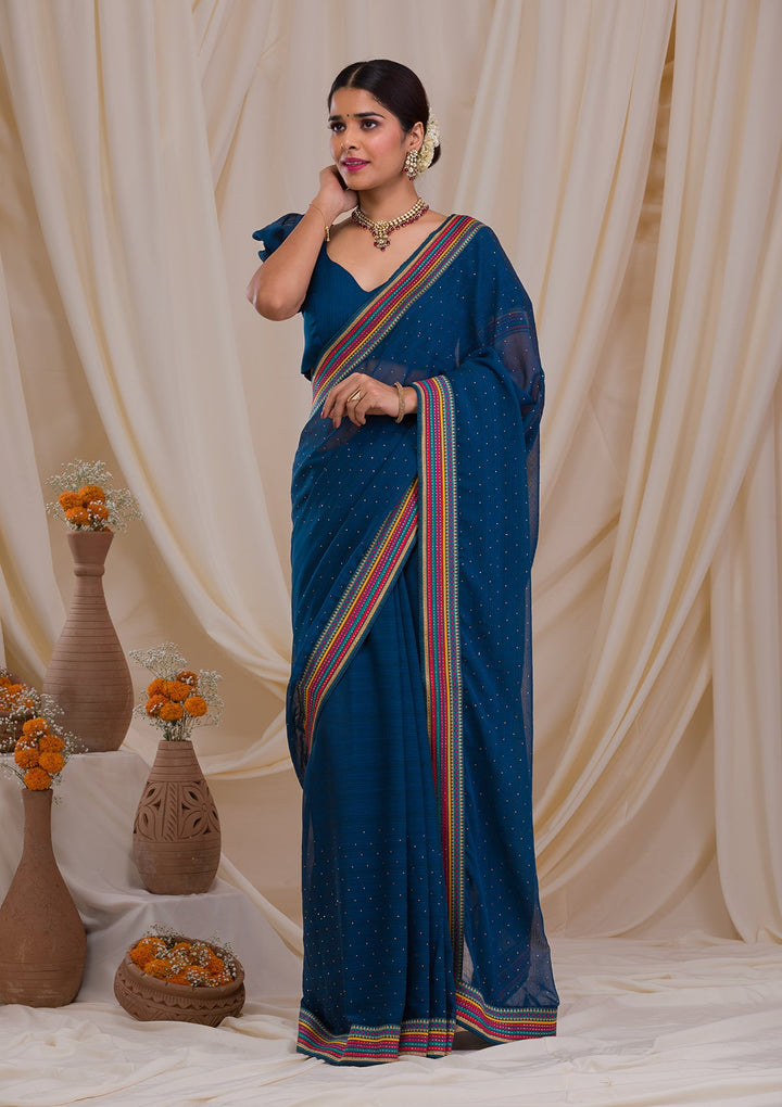Navy Blue Threadwork Georgette Saree-Koskii