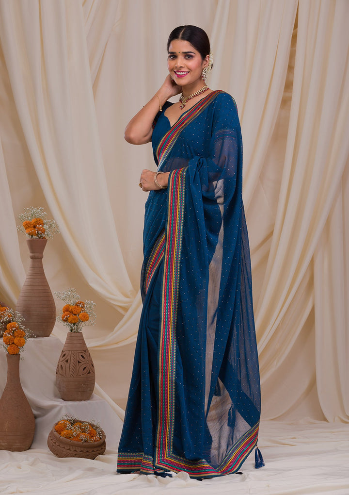 Navy Blue Threadwork Georgette Saree-Koskii
