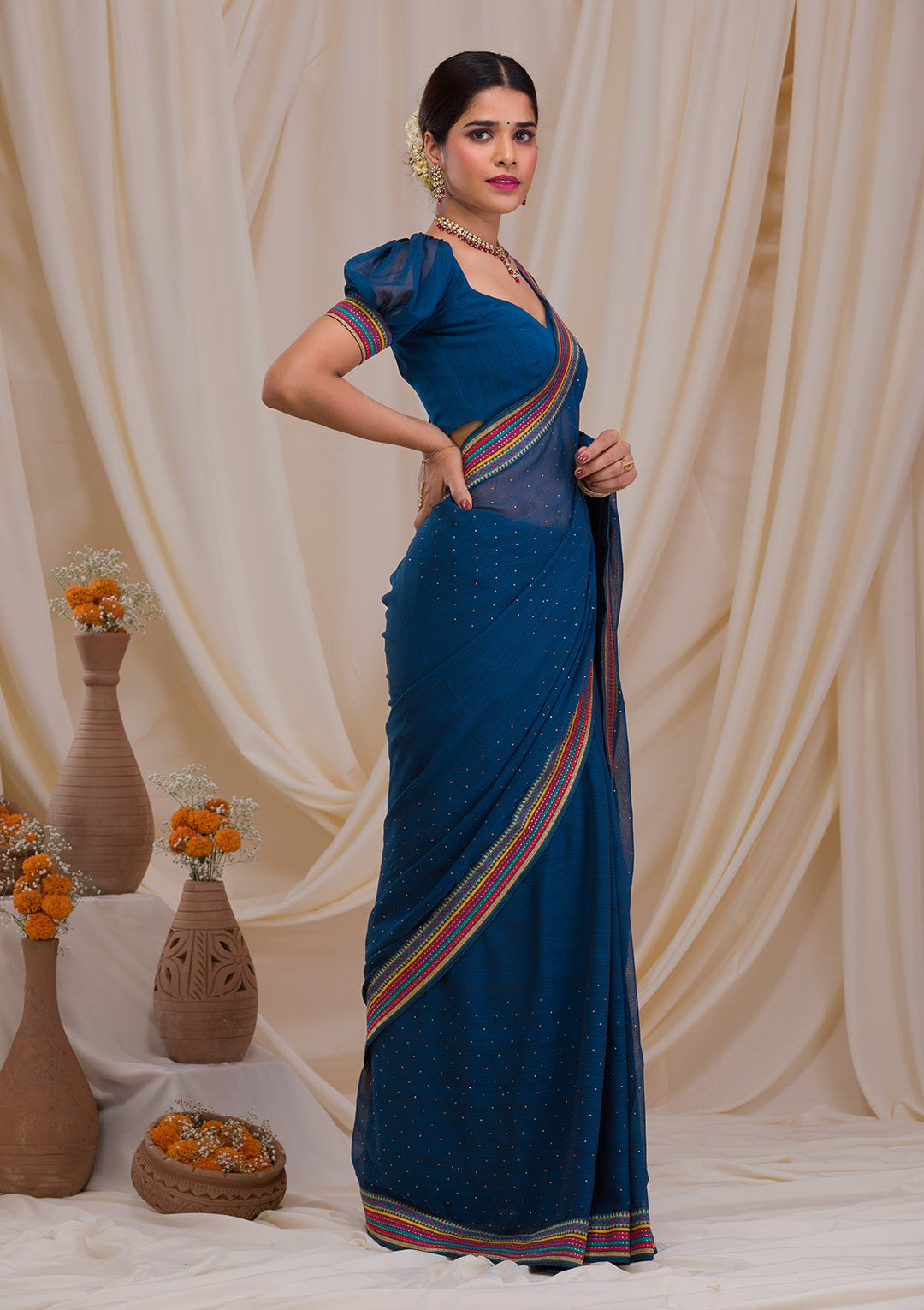 Navy Blue Threadwork Georgette Saree-Koskii