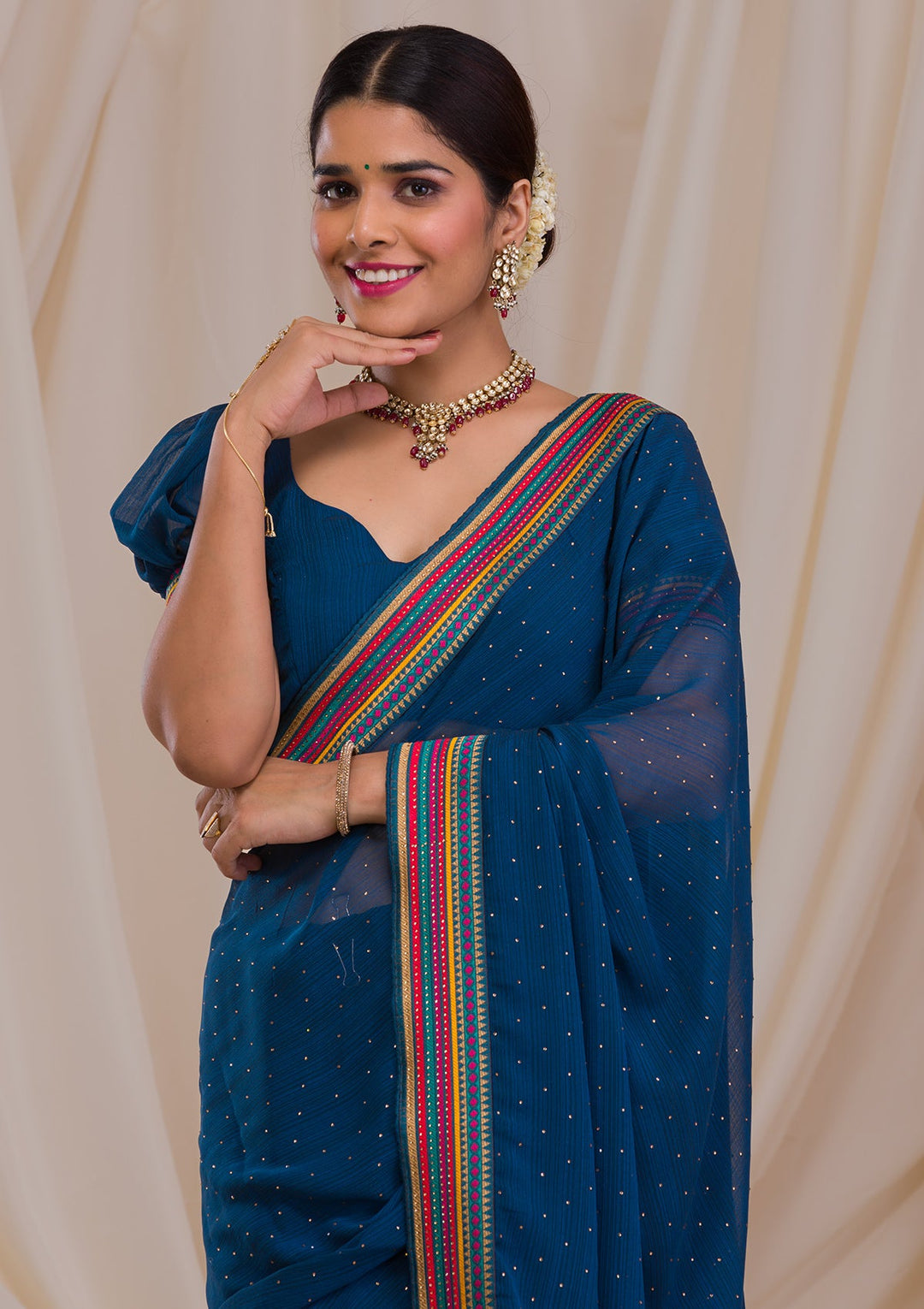 Navy Blue Threadwork Georgette Saree-Koskii