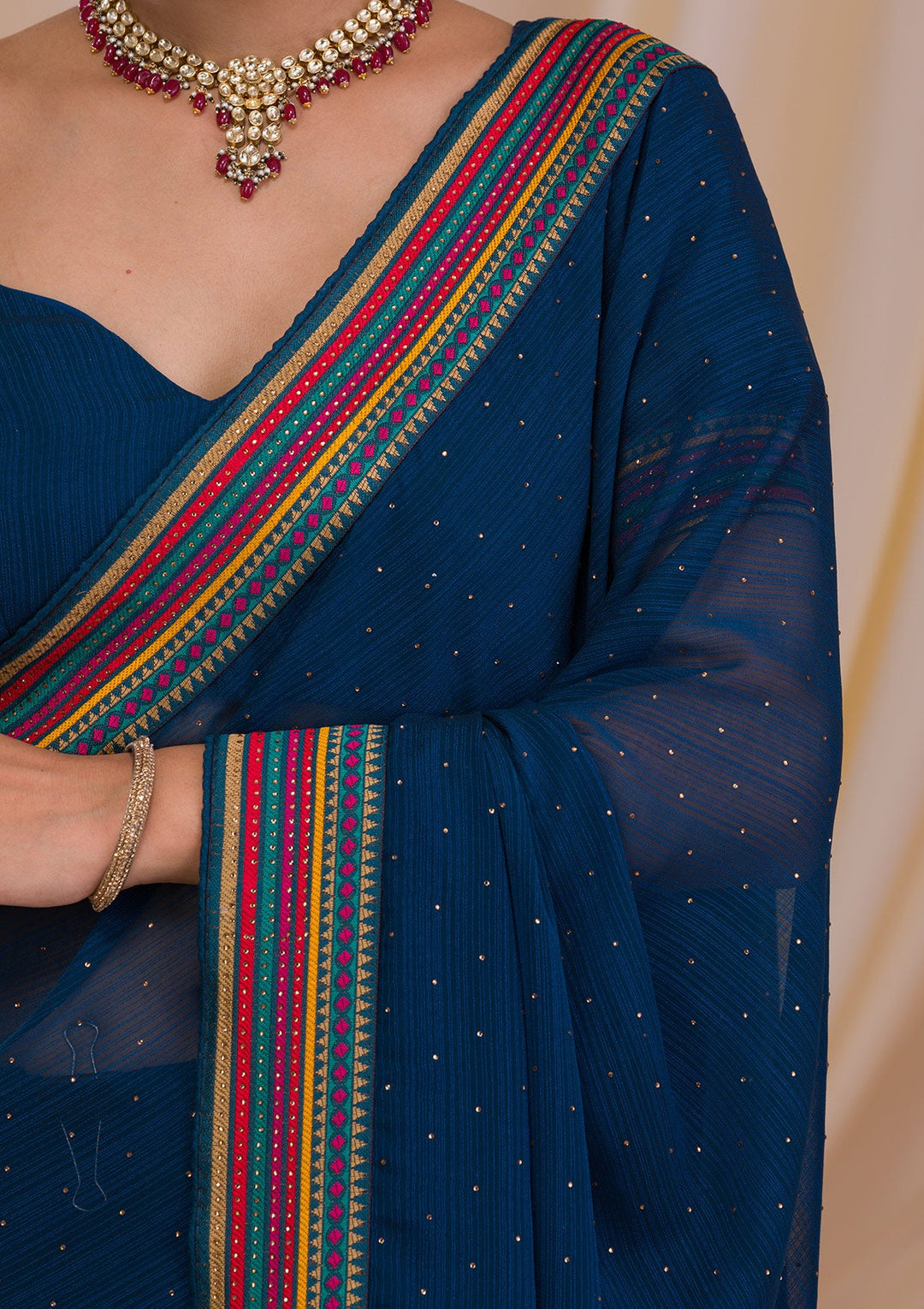 Navy Blue Threadwork Georgette Saree-Koskii