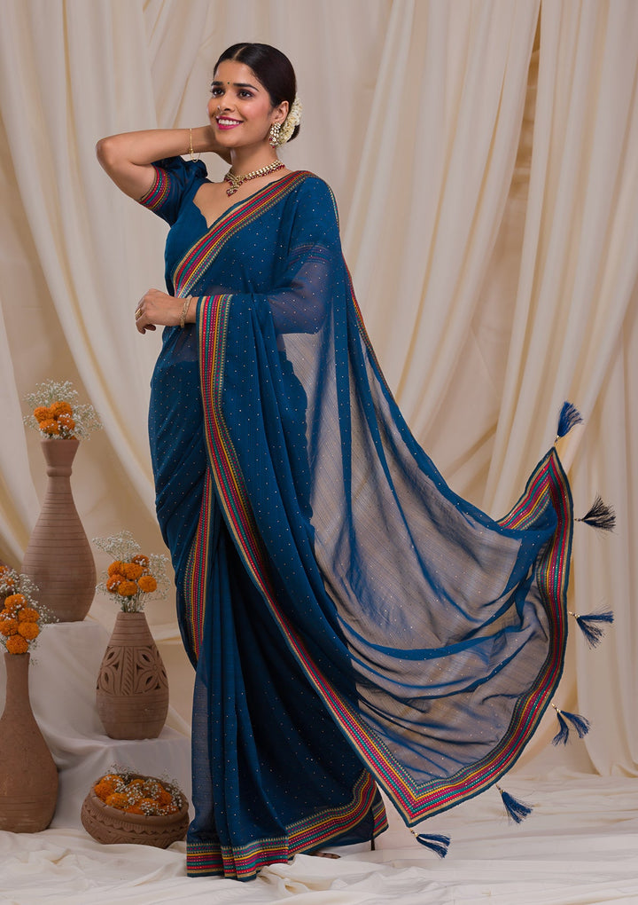 Navy Blue Threadwork Georgette Saree-Koskii