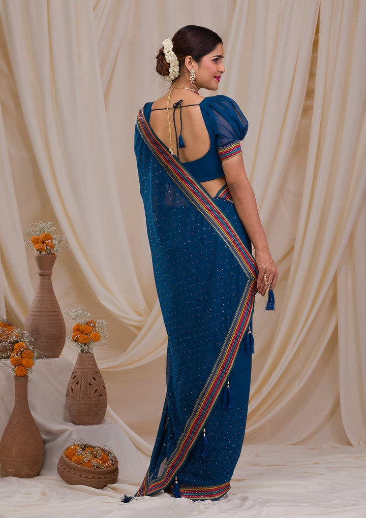 Navy Blue Threadwork Georgette Saree-Koskii