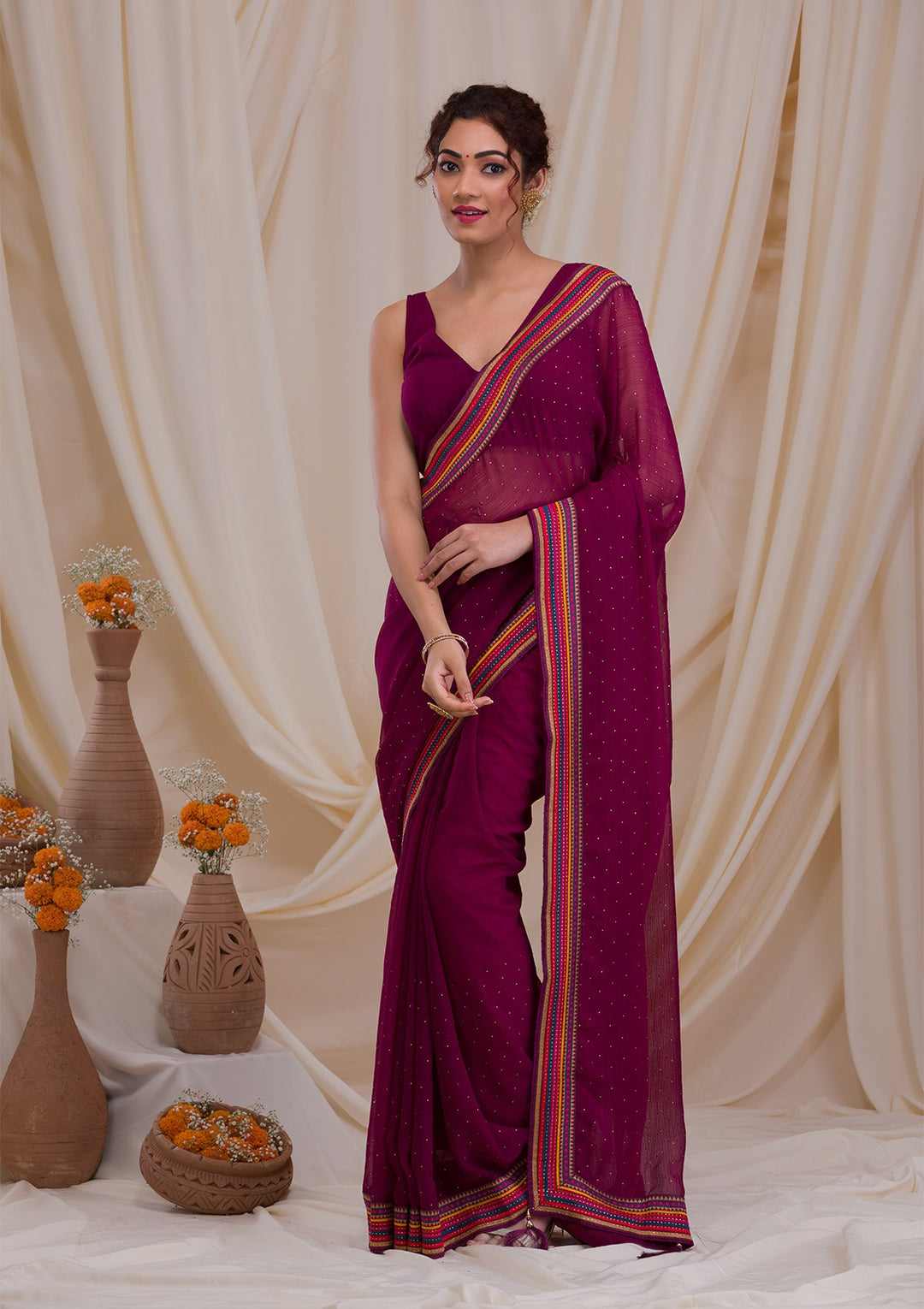 Wine Threadwork Georgette Saree-Koskii