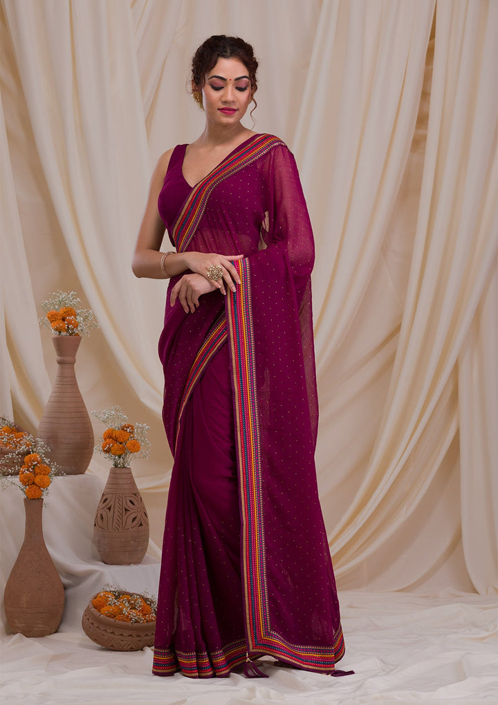 Wine Threadwork Georgette Saree-Koskii