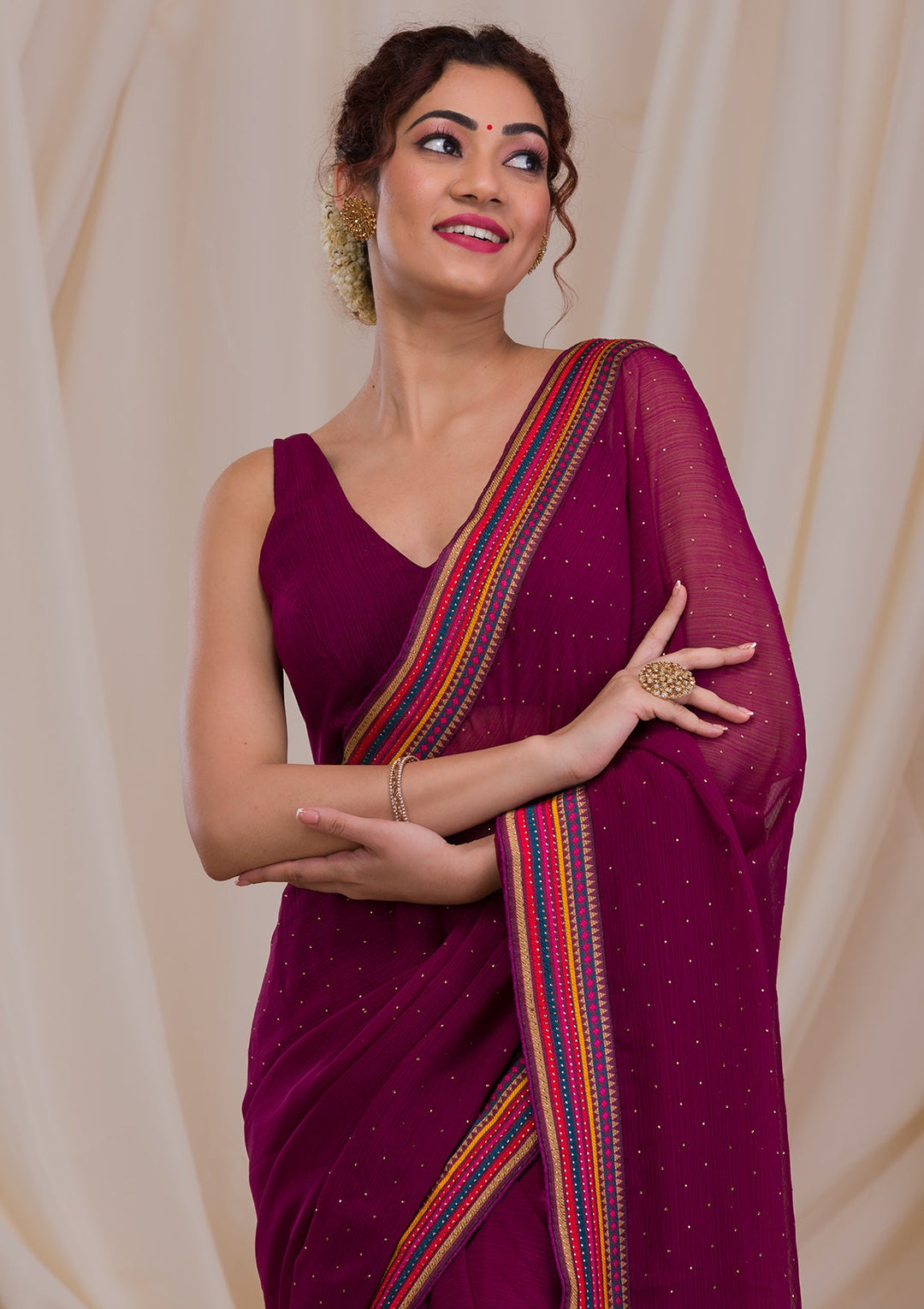 Wine Threadwork Georgette Saree-Koskii