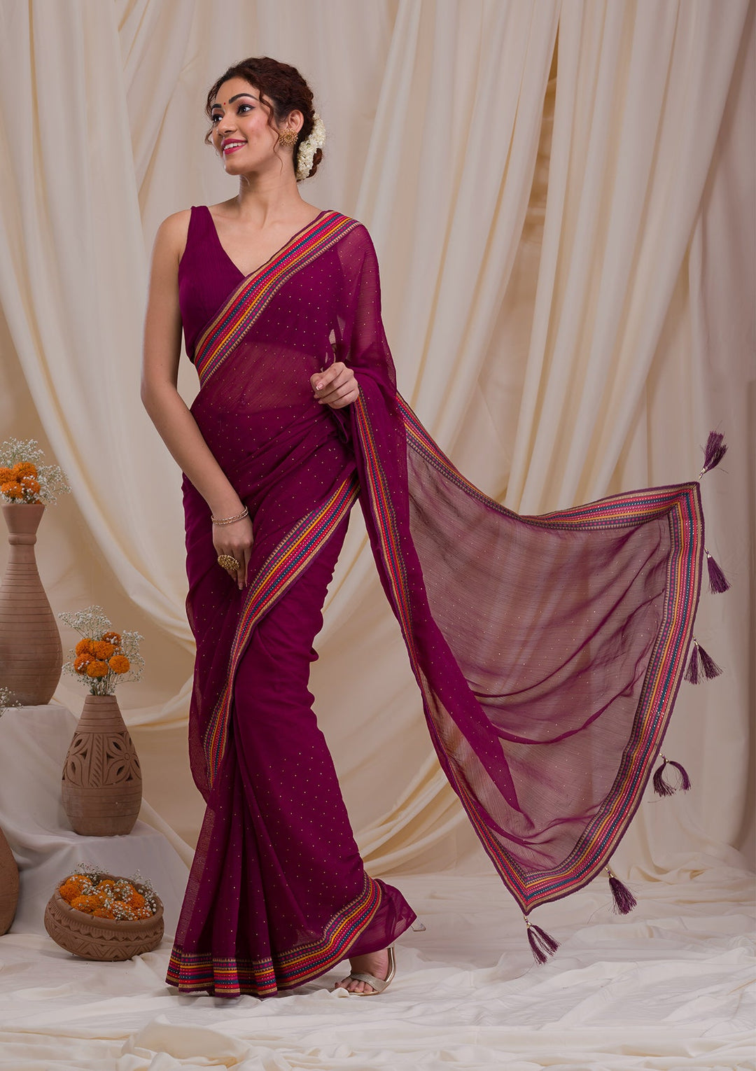 Wine Threadwork Georgette Saree-Koskii