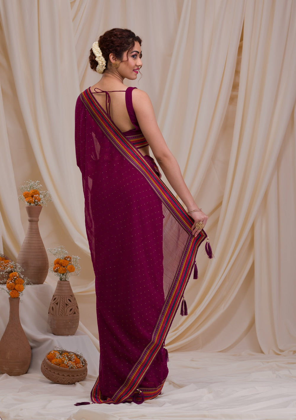 Wine Threadwork Georgette Saree-Koskii