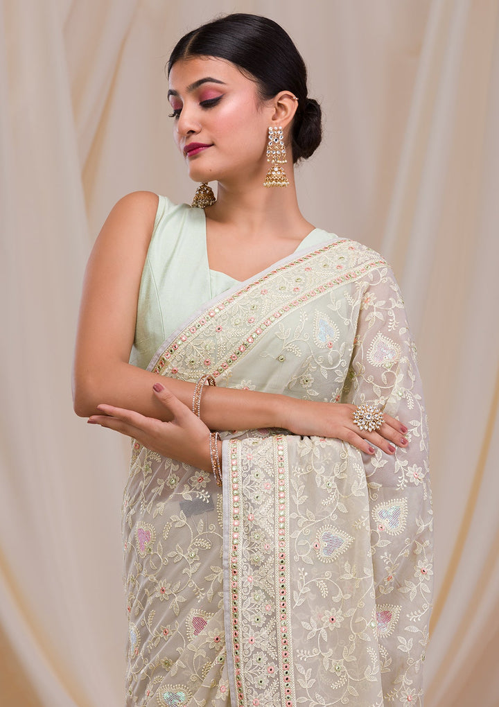 Pista Green Gotapatti Chiffon Saree-Koskii