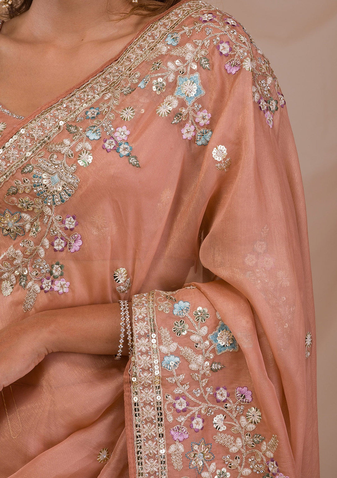 Peach Zariwork Net Saree-Koskii
