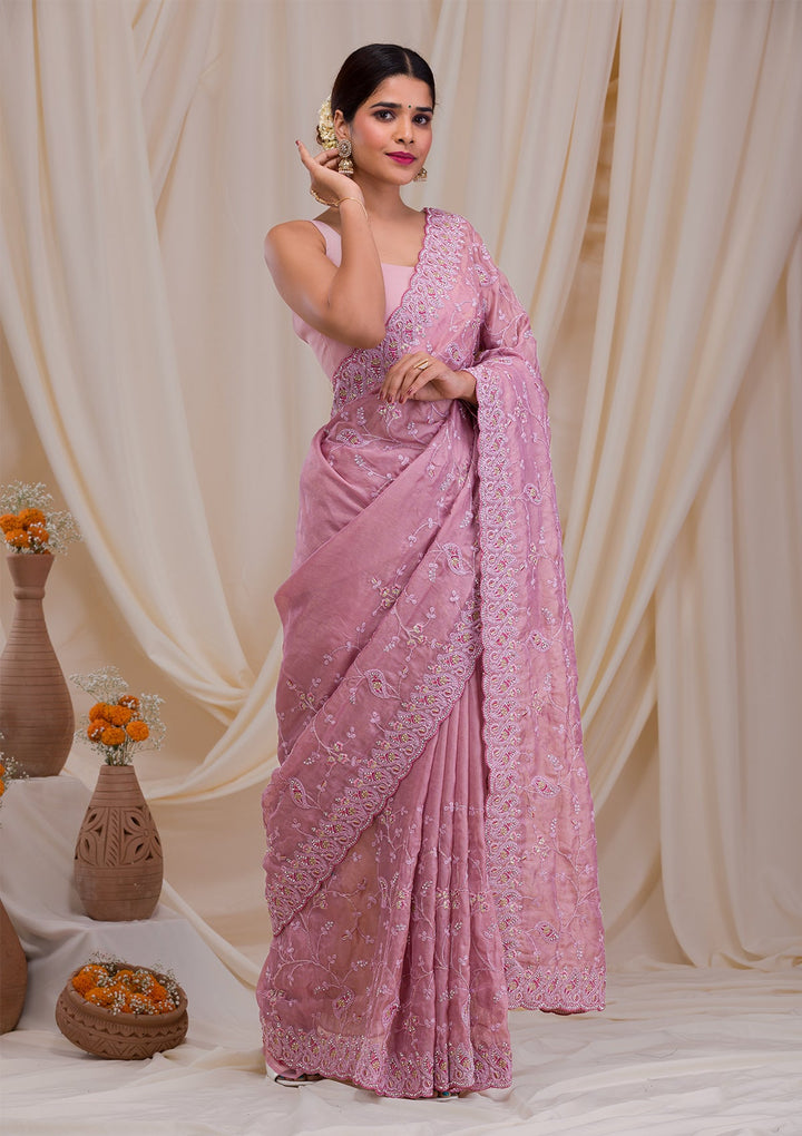 Lavender Silver Stonework Net Saree-Koskii