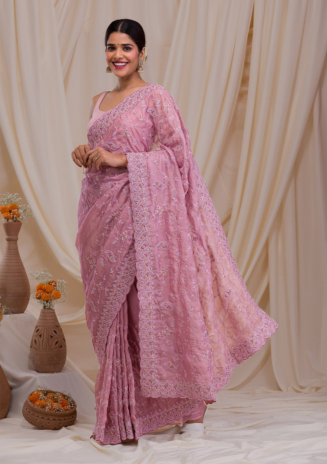 Onion Pink Sequins Georgette Designer Saree-Koskii