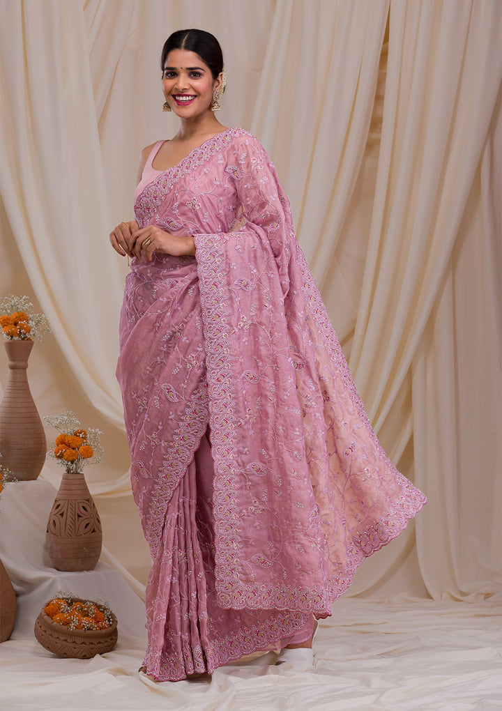 Onion Pink Sequins Georgette Designer Saree-Koskii