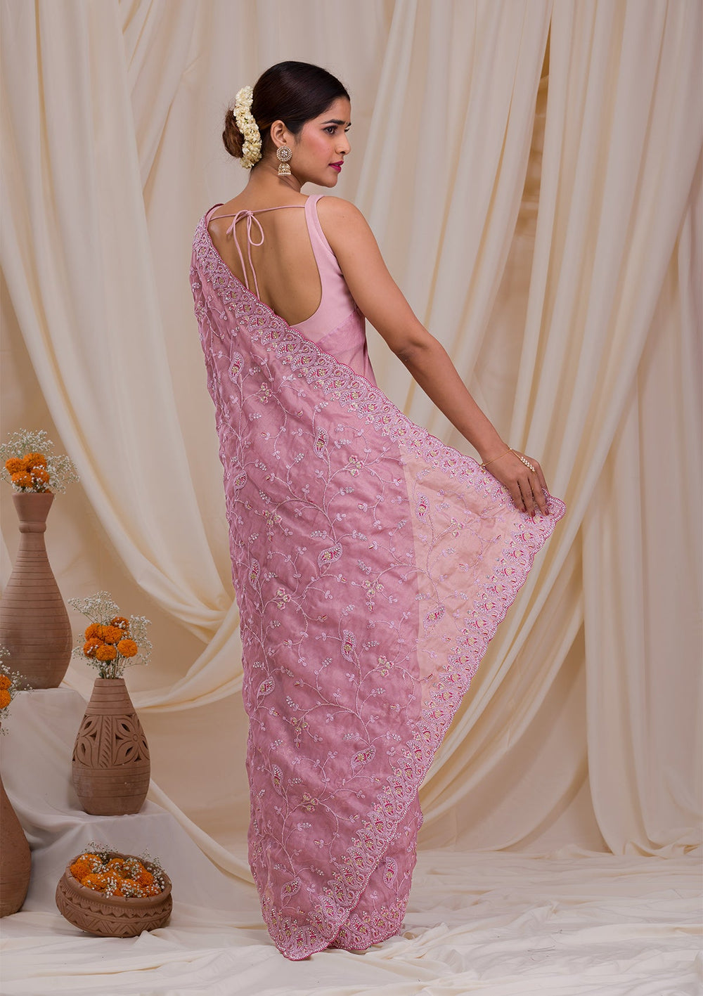 Onion Pink Sequins Georgette Designer Saree-Koskii