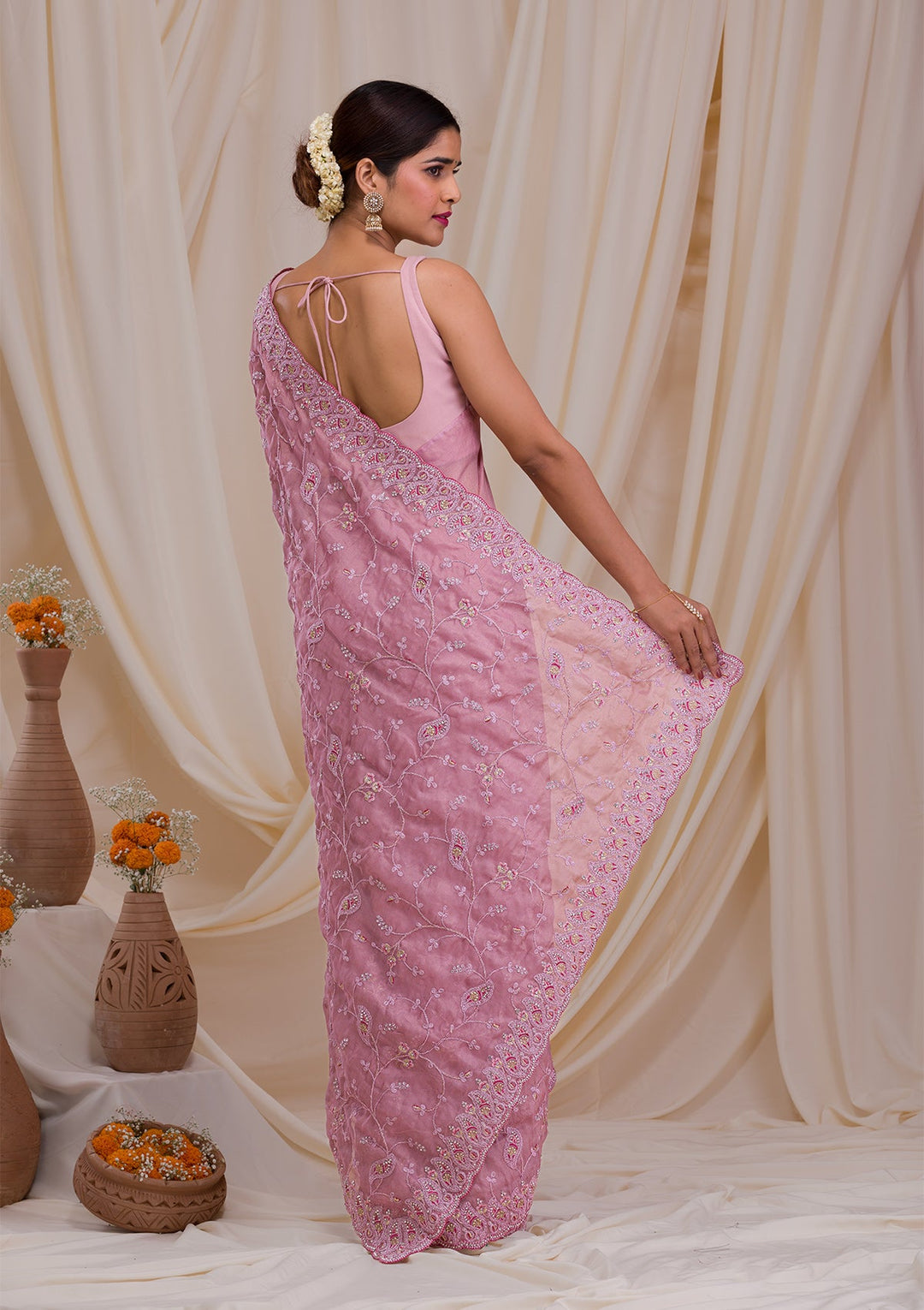 Onion Pink Sequins Georgette Designer Saree-Koskii