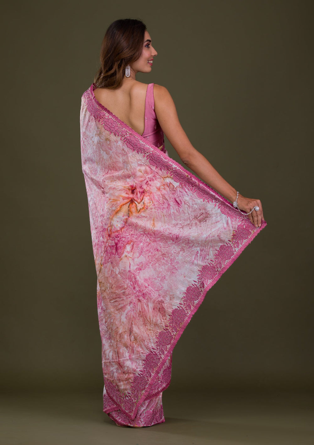 Onion Pink Printed Semi Crepe Saree-Koskii