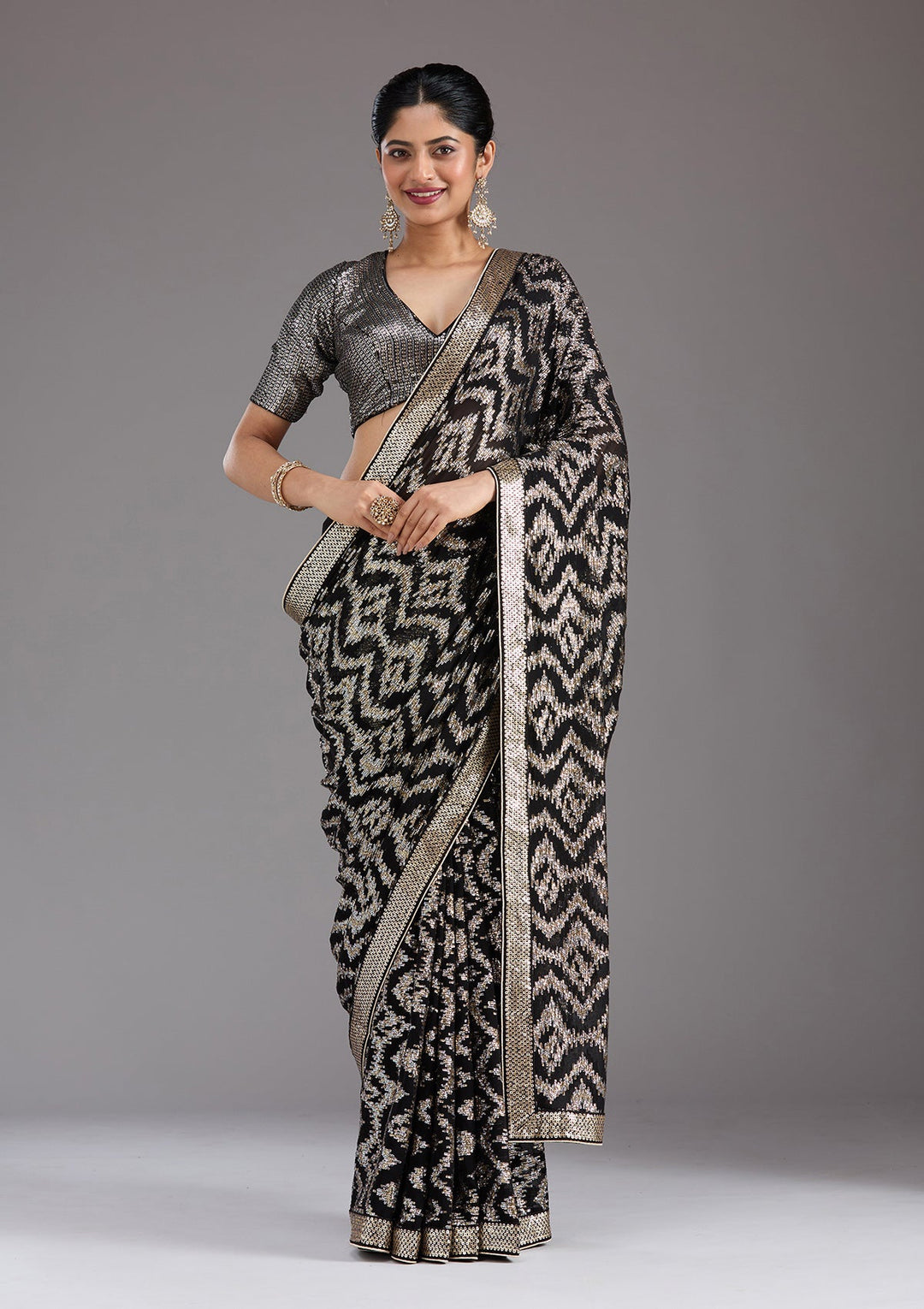 Black Sequins Georgette Saree_koskii