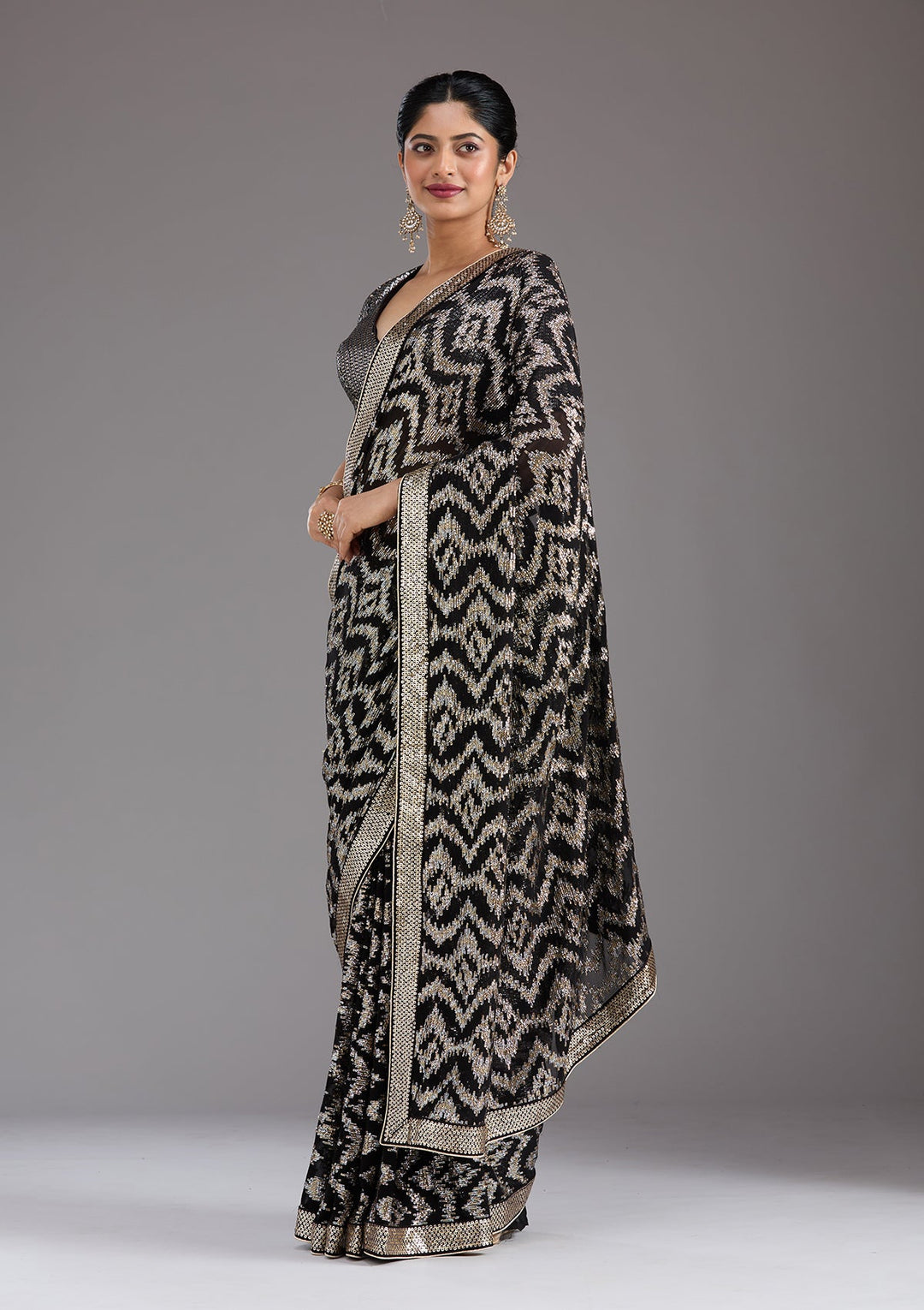 Black Sequins Georgette Saree_koskii