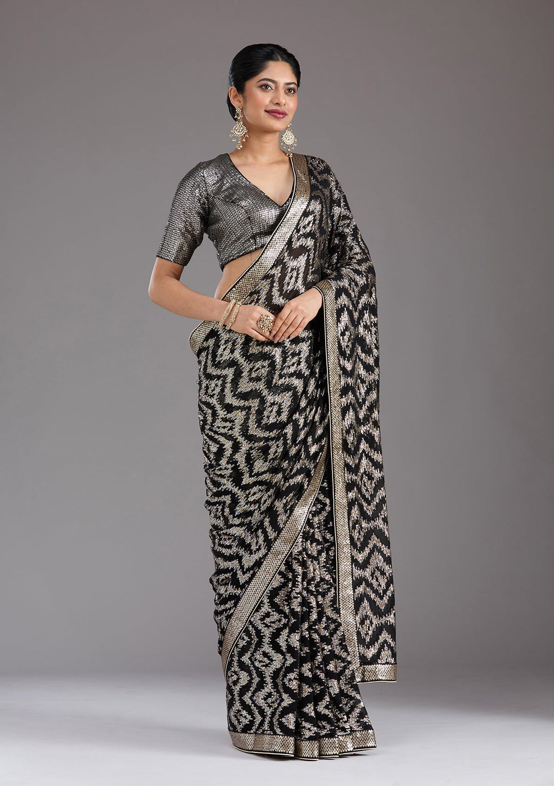 Black Sequins Georgette Saree_koskii