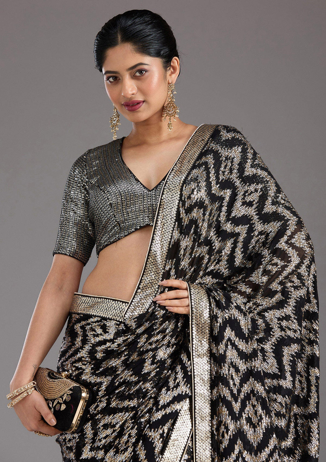 Black Sequins Georgette Saree_koskii