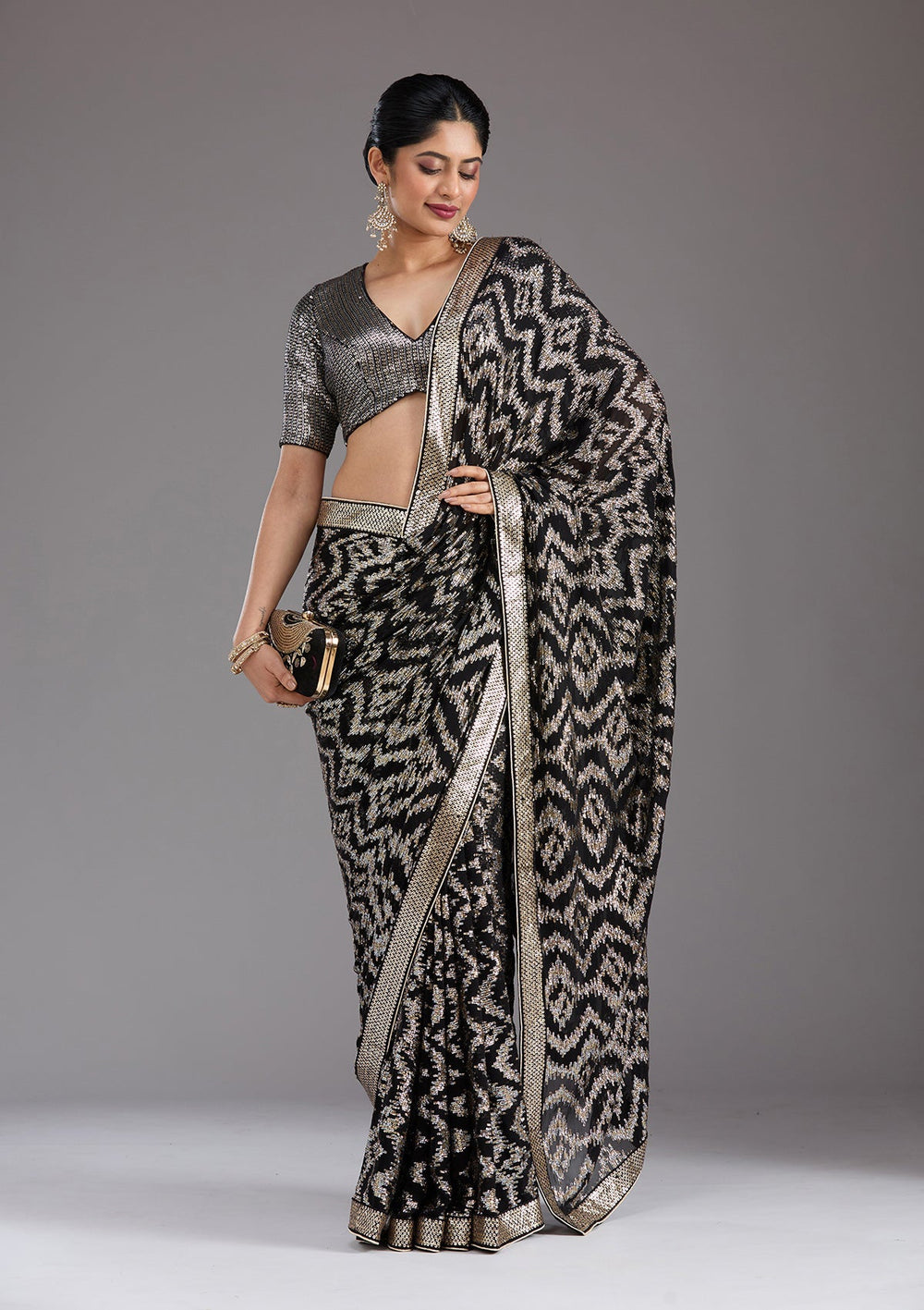 Black Sequins Georgette Saree_koskii