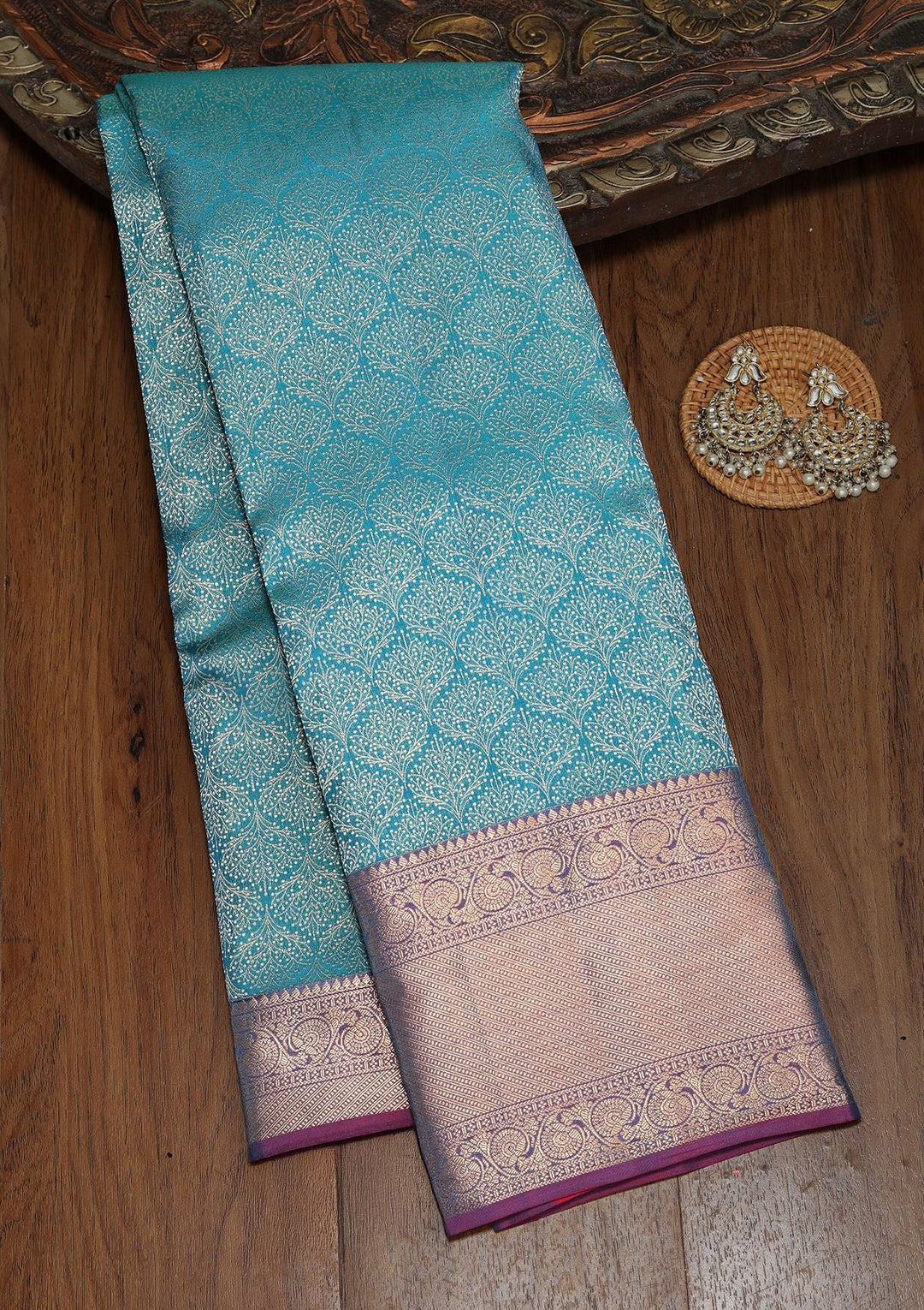 Peacock Blue Zariwork Pure Silk Saree-koskii