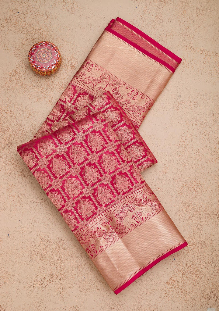 Rani Pink Zariwork Pure Silk Saree-Koskii