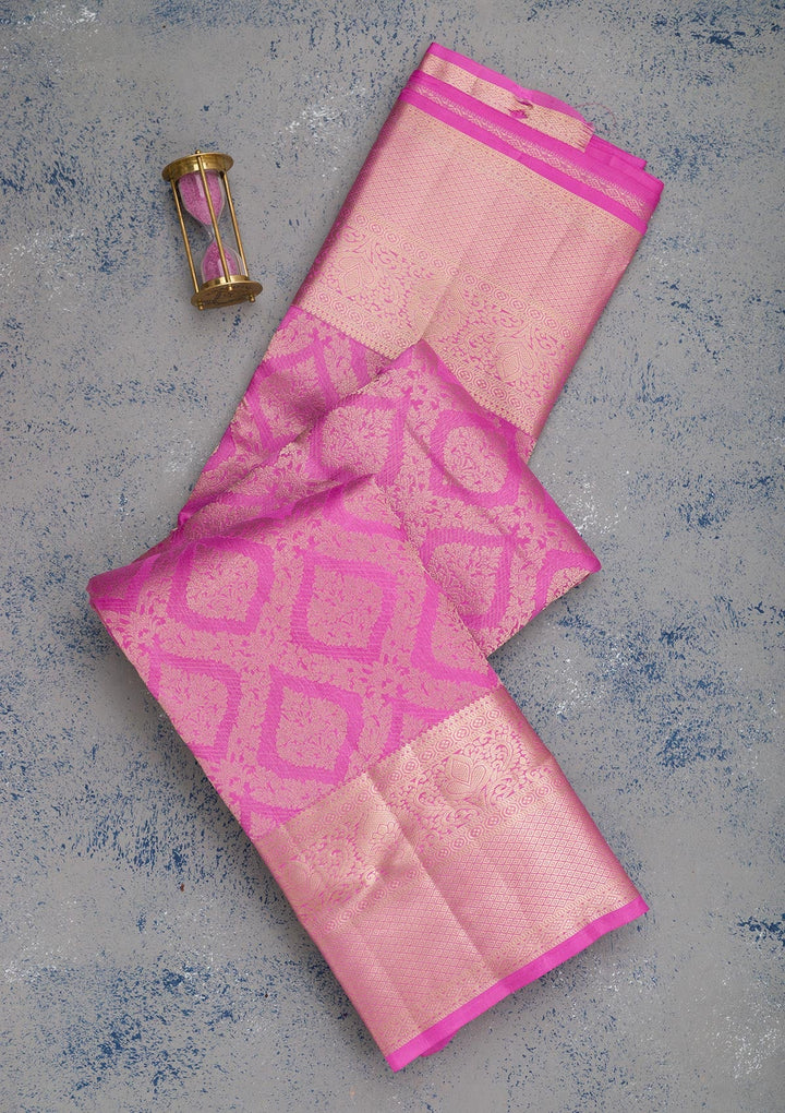 Magenta Pink Zariwork Pure Silk Saree-Koskii