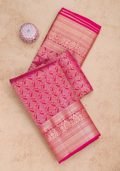 Magenta Pink Zariwork Pure Silk Saree-Koskii