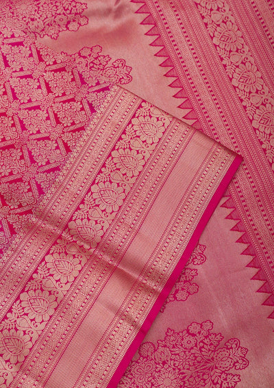 Magenta Pink Zariwork Pure Silk Saree-Koskii