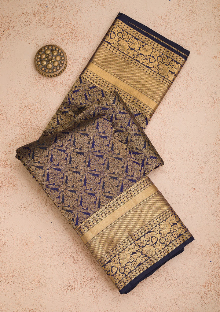 Navy Blue Zariwork Pure Silk Saree-koskii