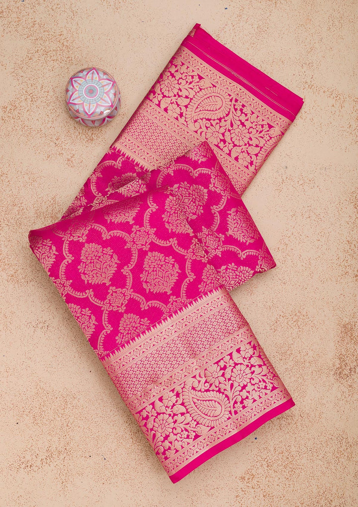 Rani Pink Zariwork Pure Silk Saree-Koskii