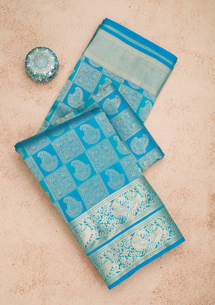 Turquoise Blue Zariwork Pure Silk Saree-Koskii