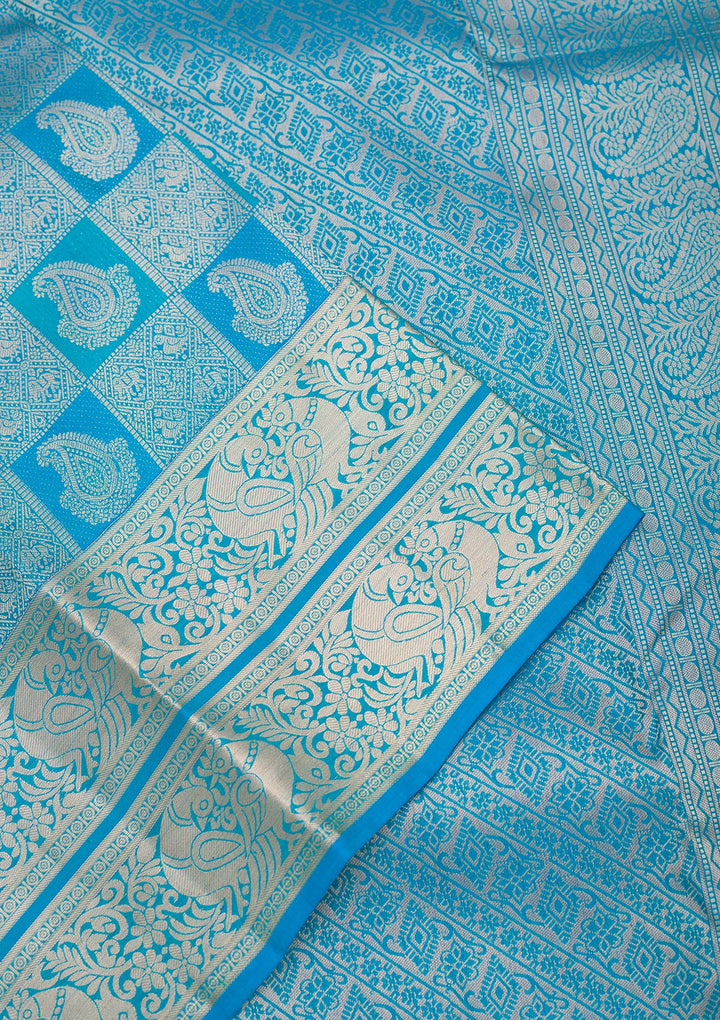 Turquoise Blue Zariwork Pure Silk Saree-Koskii