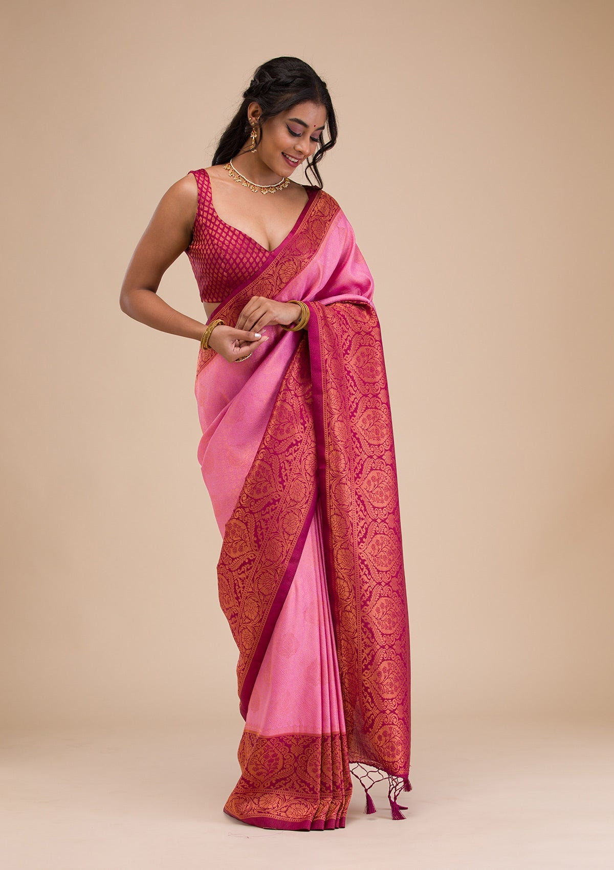 Pink Zariwork Soft Silk Saree-Koskii