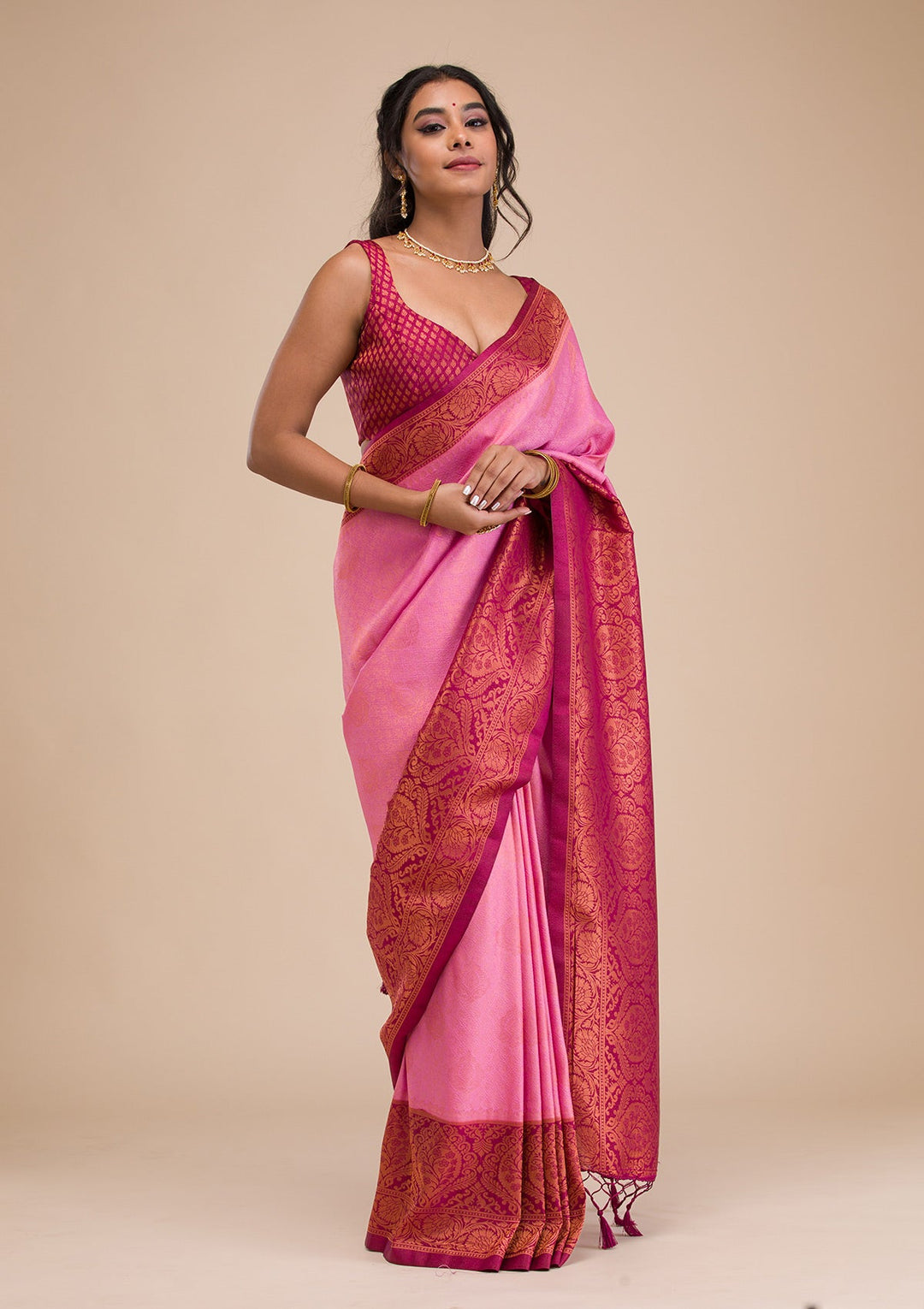 Pink Zariwork Soft Silk Saree-Koskii