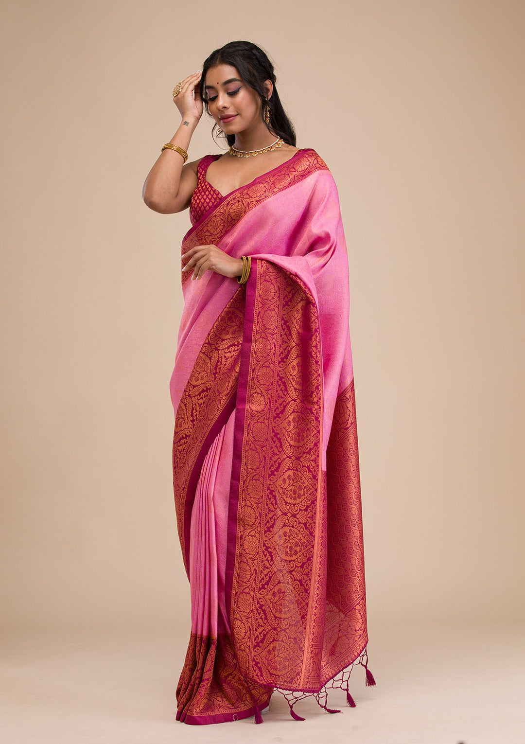 Pink Zariwork Soft Silk Saree-Koskii
