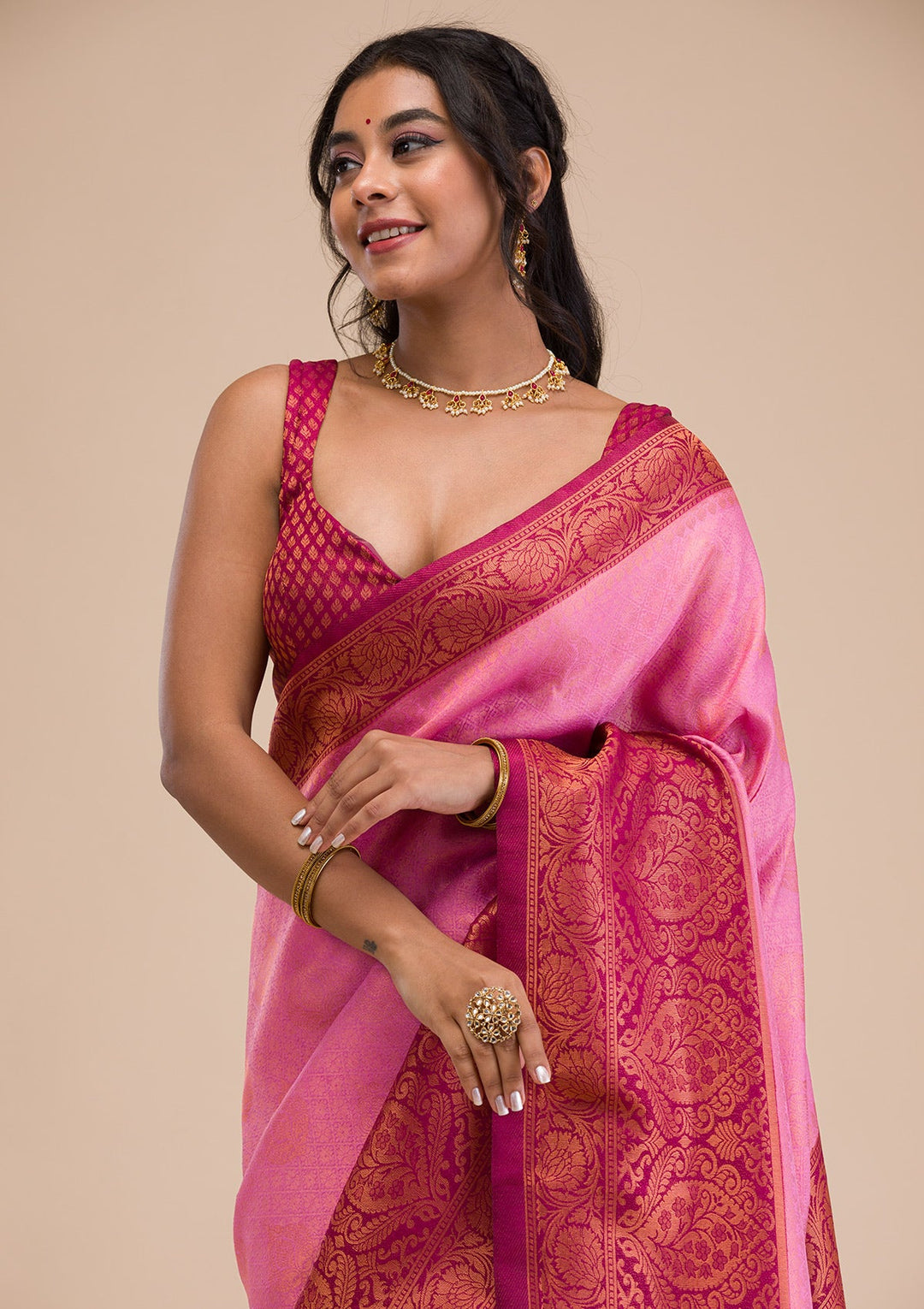 Pink Zariwork Soft Silk Saree-Koskii