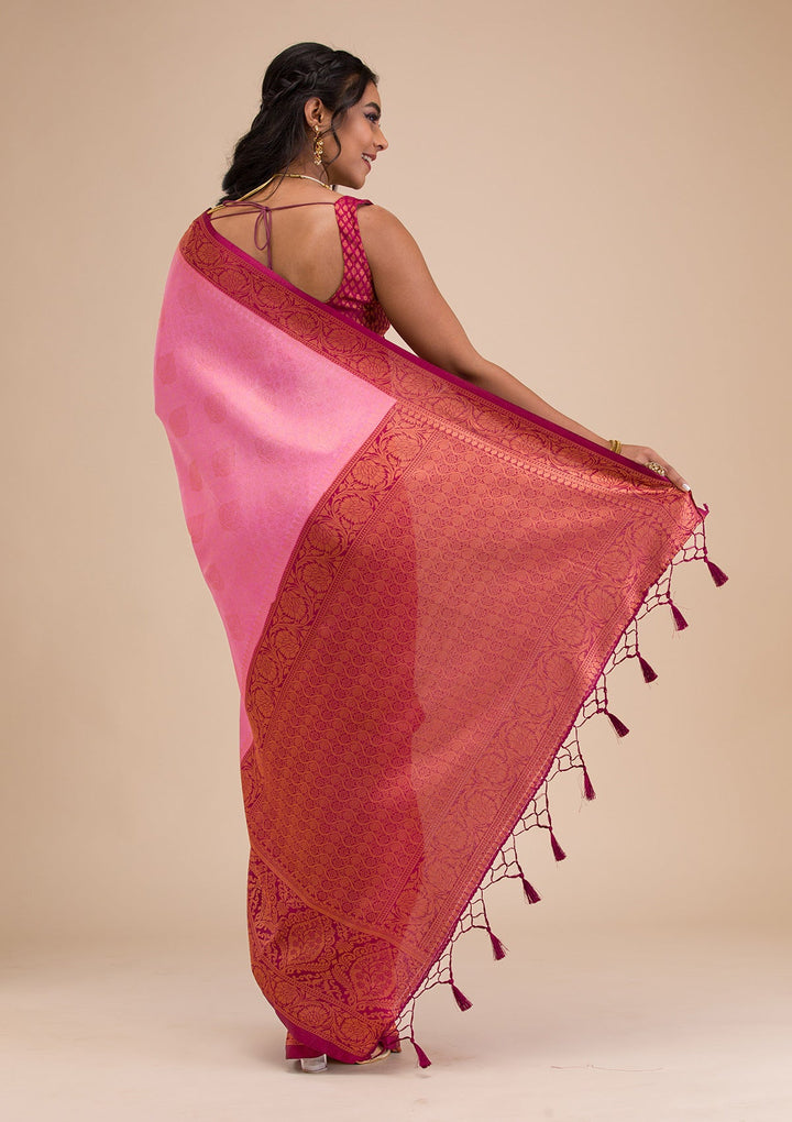 Pink Zariwork Soft Silk Saree-Koskii