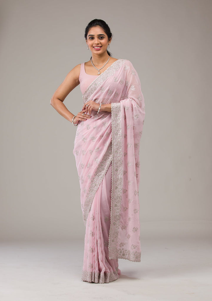 Baby Pink Silver Stonework Georgette Saree-Koskii
